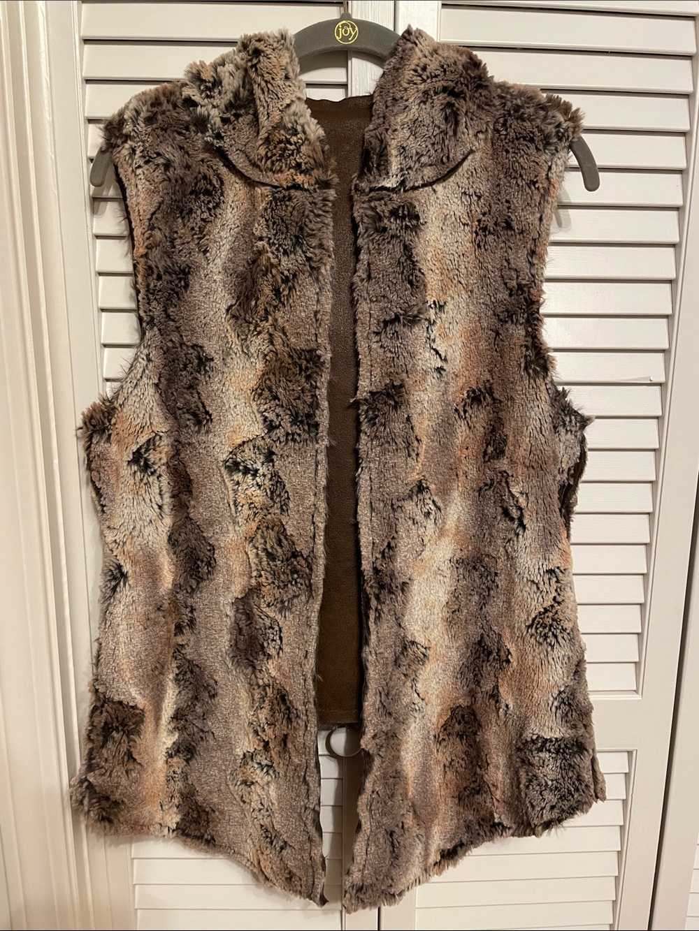 Reversible Faux Fur + Leather Open-Front Vest with Hood Boutique Bought sz M - L